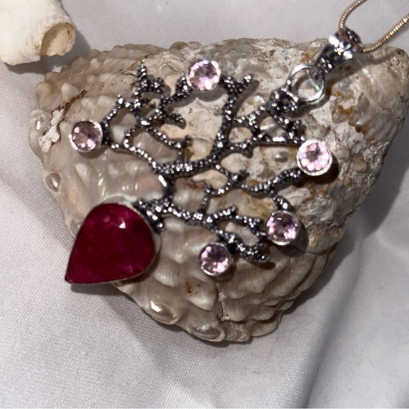 Sale* Ruby + pink quartz coral statement pendant/ car mirror charm - Picture 4 of 13